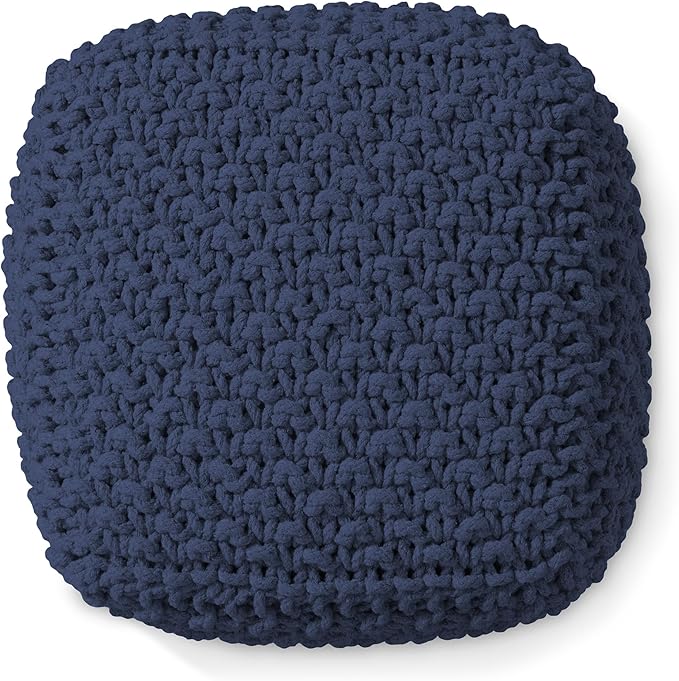 Casafield Square Pouf Ottoman, Navy Blue 18.5" W x 18.5" D x 14.5" H Cotton Knit Foot Stool - Boho Floor Pouffe for Living Room, Bedroom, Home Office-Ruum Studio Home