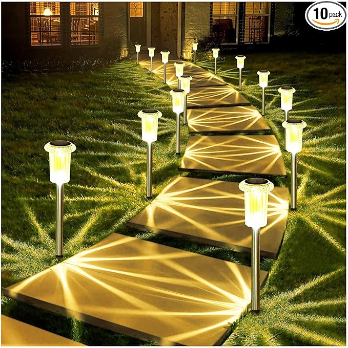 DenicMic Solar Lights Outdoor 10 Pack Waterproof 3000K Warm White LED Acrylic lamp Head Stainless Steel Stake for Landscape Lighting Path Walkway Sidewalk Backyard Patio Decor-Ruum Studio Home