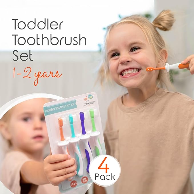 Cherish Baby Care Toddler Toothbrushes 1-2 Years (4-Pack) - BPA-Free & Safety-Tested Kids Toothbrush Kit, Designed by a Pediatric Dentist, Soft-Grip Toothbrush for Kids, My First Toothbrush Set-Ruum Studio Home