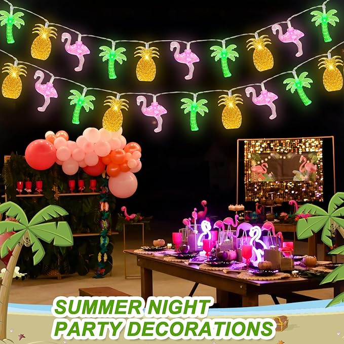 Couah 30 LED 16Ft Summer Beach Hawaiian String Lights - 8 Modes & Timer - Flamingo Pineapple Palm Tree Fairy Lights - Battery Operated for Tropical Party Pool Decorations-Ruum Studio Home