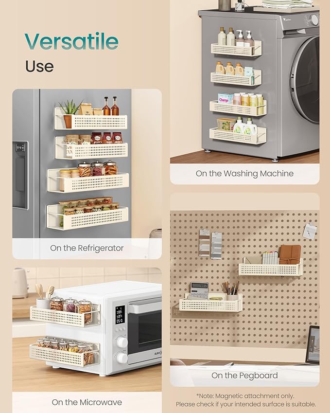 SONGMICS Magnetic Spice Rack for Refrigerator, Set of 4, 2 Large and 2 Small Kichen Magnetic Shelves for Microwave, Washing Machine, Spice Organizers, No Drilling Needed, Cream White UKCS061W01-Ruum Studio Home
