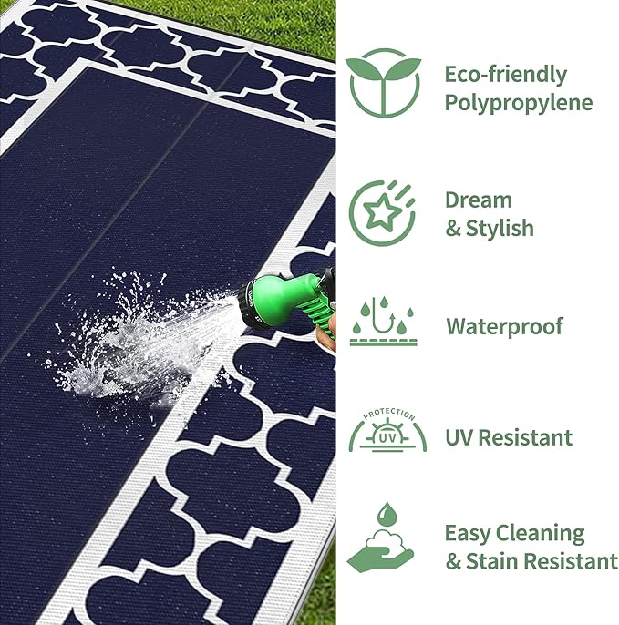 GENIMO 8' x 16' Outdoor Rug Waterproof for Patio, Foldable Reversible Plastic Straw Area Rugs Mat for Rv Decor, Outside Carpet for Camper, Deck, Picnic, Beach, Balcony, Porch, Blue & White-Ruum Studio Home