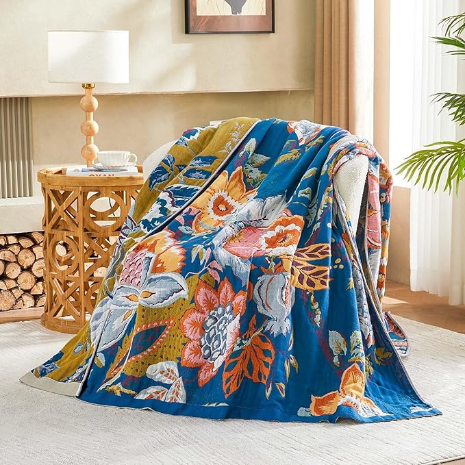 Boho Throw Blanket, Blue Lightweight Blankets for Summer, 100% Cotton Bohemian Decorative Throw Blanket, 50"x60" Reversible Muslin Breathable Woven Farmhouse Blankets Quilt,-Ruum Studio Home