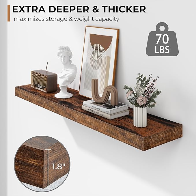 Fun Memories 36 Inch Floating Shelves - Deep Rustic Wooden Wall Shelves - Extra Deeper & Thicker Wall Mounted Storage Shelf for Bedroom, Kitchen, Farmhouse - 2 Pack, Rustic Brown-Ruum Studio Home