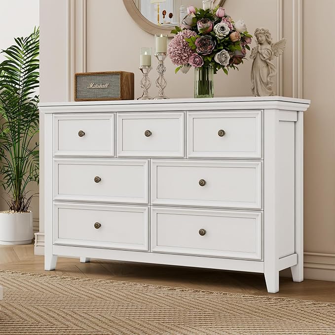 BLANKSPACE White 7 Drawer Dresser, Modern Dresser for Bedroom, Wood Drawer Organizer with Metal Knobs, Large Capacity Wood Cabinet for Bedroom-Ruum Studio Home