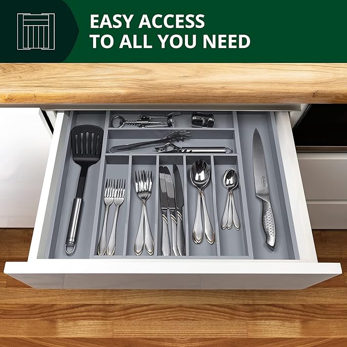 Luxury Bamboo Kitchen Drawer Organizer - Silverware Organizer - Utensil Holder and Cutlery Tray with Grooved Drawer Dividers for Flatware and Kitchen Utensils (9 Slot, Gray)-Ruum Studio Home
