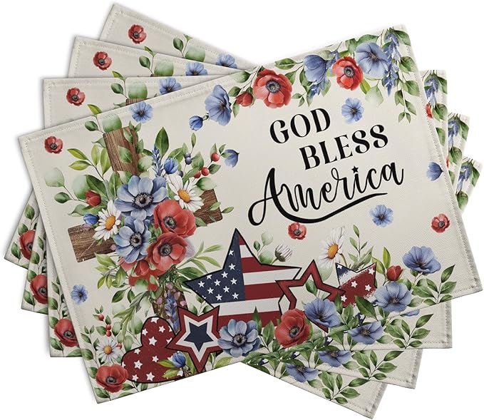 4th of July Placemats Set of 4 Patriotic Floral Cross Stars Independence Memorial Day Place Mats 12x18 Inch God Bless America Linen Fabric Table Mats for Party Kitchen Dining Decoration-Ruum Studio Home
