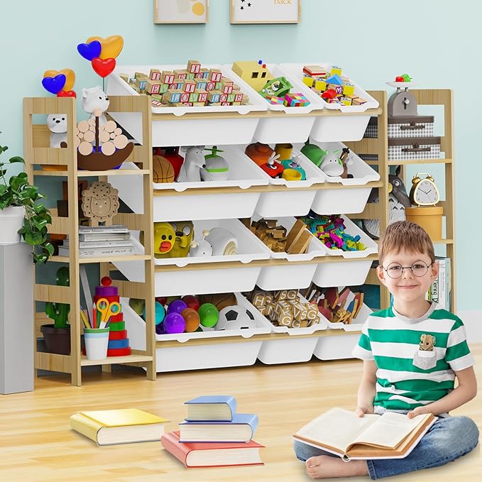 Toy Storage Organizer, with 4-Tier Toy Shelf and 12 Bins, Kids Bookshelf and Toy Storage with 6 Shelves for Kids Room Bedroom Playroom Nursery Room-Ruum Studio Home