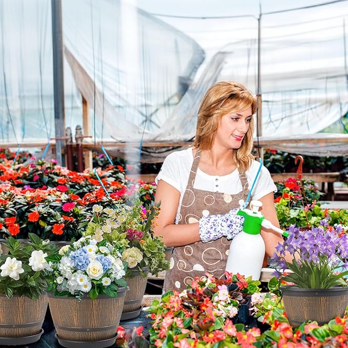10-inch-Plant-Pots-Indoor-Outdoor, 4 Pack Whiskey Barrel Planters with Drainage Holes & Saucer, Plastic Flower Pots Imitation Wine Barrel Design, Decorative Garden Pots for Plants-Ruum Studio Home