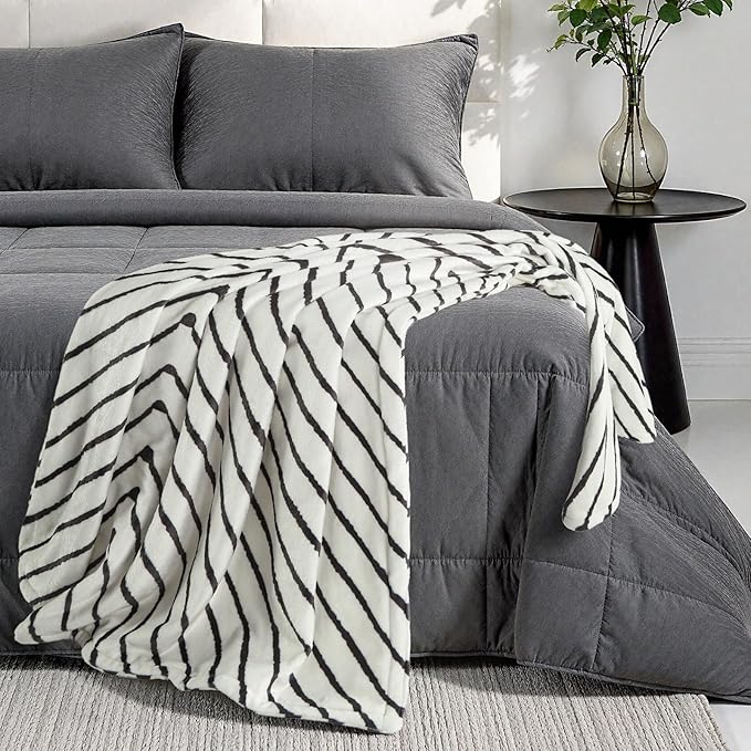 Lahome Boho Fleece Throw Blanket Black White Striped Fluffy Bed Throws Soft Cozy Warm Fuzzy Throw Blanket Reversible Blankets for Couch Sofa, Off White 50''x60''-Ruum Studio Home