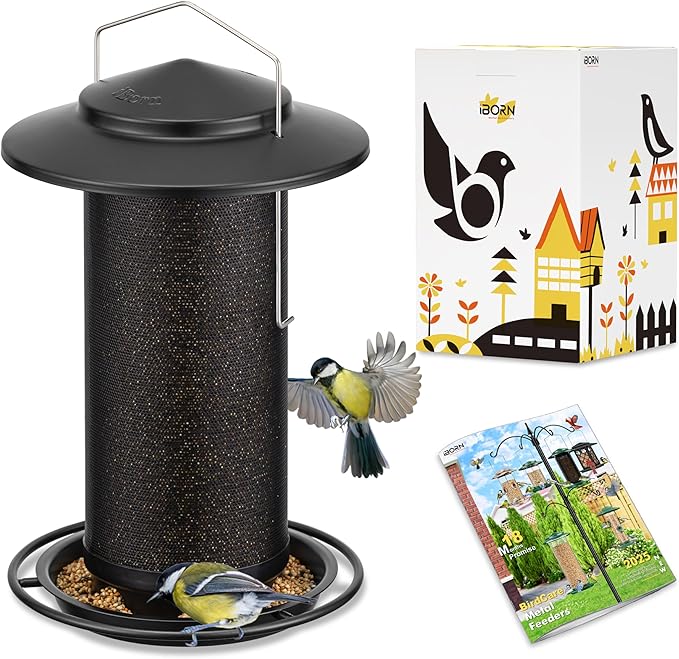 iBorn Bird Feeders for Outdoors, All Metal Mesh Tube, Holding Bird Seed for Outside Feeders,18cm Large Roof, Black, 2.8lb(Seed is not Included)-Ruum Studio Home