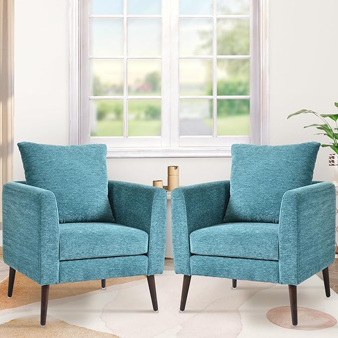 Barrel Accent Chair Set of 2 with Back Pillow, Large Upholstered Armchair with Solid Wood Legs Modern Reading Chairs for Living Room Bedroom-Ruum Studio Home