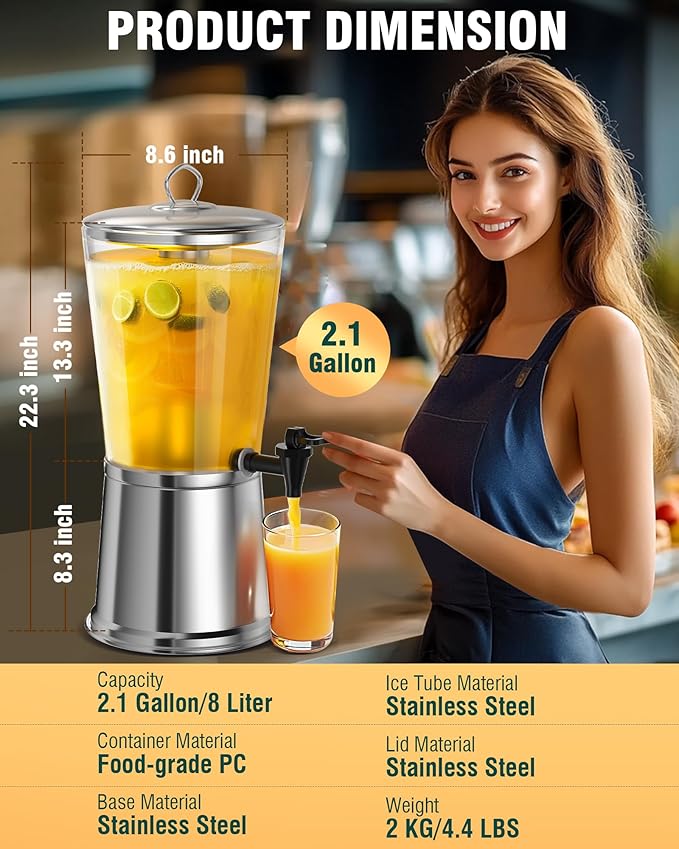 WantJoin Beverage Dispenser With Stand, Drink Dispenser for Party, Stainless Steel Water Dispenser with Ice Core, Spigot, Drink Jar Jug For Home Parties Lemonade, Clear Acrylic, 2-GALLONS 8 Liters-Ruum Studio Home