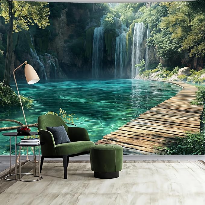 BSFHH Nature Tapestry Forest Tree Sea Cave Wall Hanging, Stream Through Rainforest Landscape Wall Art Tapestry for Bedroom Living room (Waterfall, 79"×59", Unframed)-Ruum Studio Home