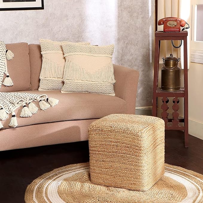 REDEARTH · Cube Pouf Foot Stool Ottoman - Jute Braided Pouffe Poof Accent Sitting - Set of 2 Footrest for The Living Room, Bedroom, Nursery, Patio, Lounge, Office - 14.5”x14.5”x16” - Natural-Ruum Studio Home