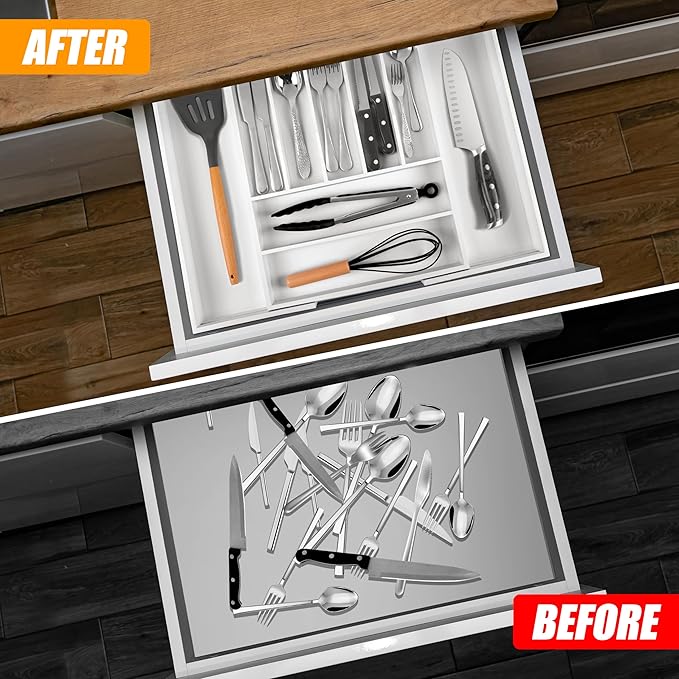 Bellsal Large Premium Bamboo Silverware Organizer - Expandable Utensil Drawer Organizer - 17"x19.6" Utensil Holder and Cutlery Tray with Grooved for Kitchen Flatware and Utensils(7-9 Slot, White)-Ruum Studio Home