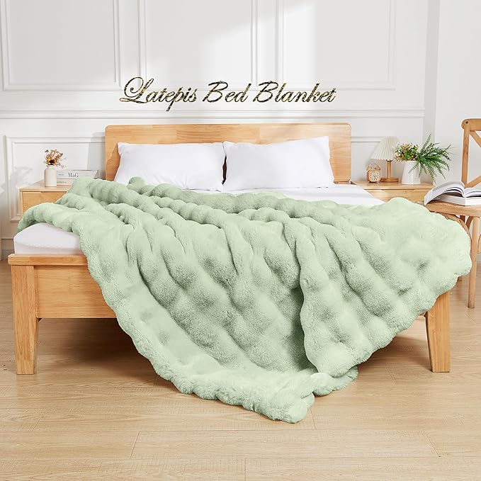 Latepis Soft Faux Fur Blanket Bubble Twin Size Comfy Blanket for Bed Fuzzy Cozy Thick Blankets for Couch Bedroom Furry Warm Blankets for All Seasons Luxury Bed Throw 60x80 Inch Sage Green, 860gsm-Ruum Studio Home
