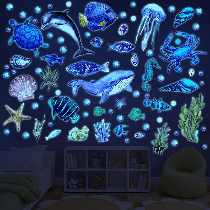 52 Pcs Ocean Fish Wall Decals Glow in The Dark Under The Sea Wall Decals Sea Animals Stickers Removable Waterproof Peel and Stick for Kids Bathroom Watercolor Ocean Decor(Cute Style)-Ruum Studio Home