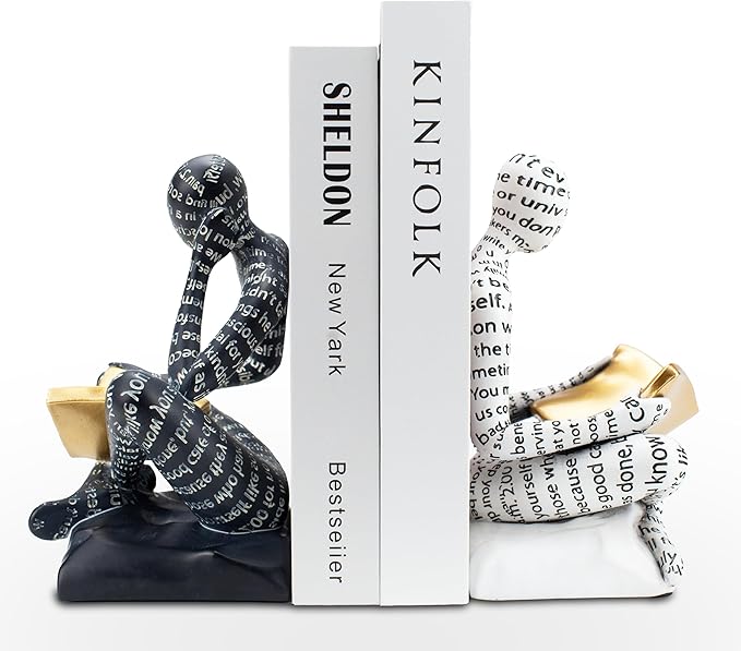 Heavy Duty Book Ends for Shelves, Thinker Decorative Bookends for Heavy Books, Unique Book Stoppers to Hold Book, Bookshelf Accessories, Modern Home Office Decor Aesthetic Black & White-Ruum Studio Home
