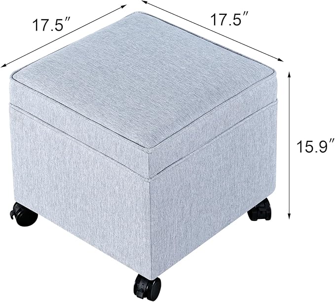 Adeco 17.5" Square Fabric Ottoman with Storage, Upholstered Cotton Linen Foot Rest, Flip Top Footstool, Small Cube Coffee Table Extra Seat for Living Room, Bedroom, Ice Blue with Rolling Legs-Ruum Studio Home