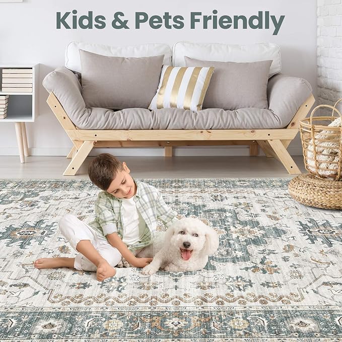 Washable Area Rugs for Living Room -10x14 Neutral Vintage Distressed Floral Farmhouse Boho Large Soft Floor Rug Indoor Non Slip Carpet for Living Room Bedroom Dining Room Office -Green/Grey-Ruum Studio Home