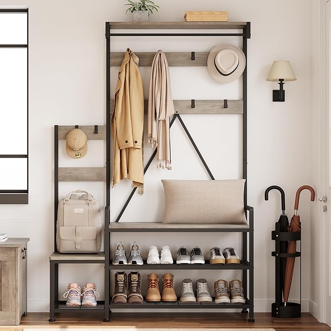 IDEALHOUSE Hall Tree with Bench and Shoe Storage Parent-Child Coat Rack Shoe Bench Industrial Coat Tree Entryway Large Organizer with Shoe Rack, Storage Cubbies, Hooks, and Top Shelf-Ruum Studio Home