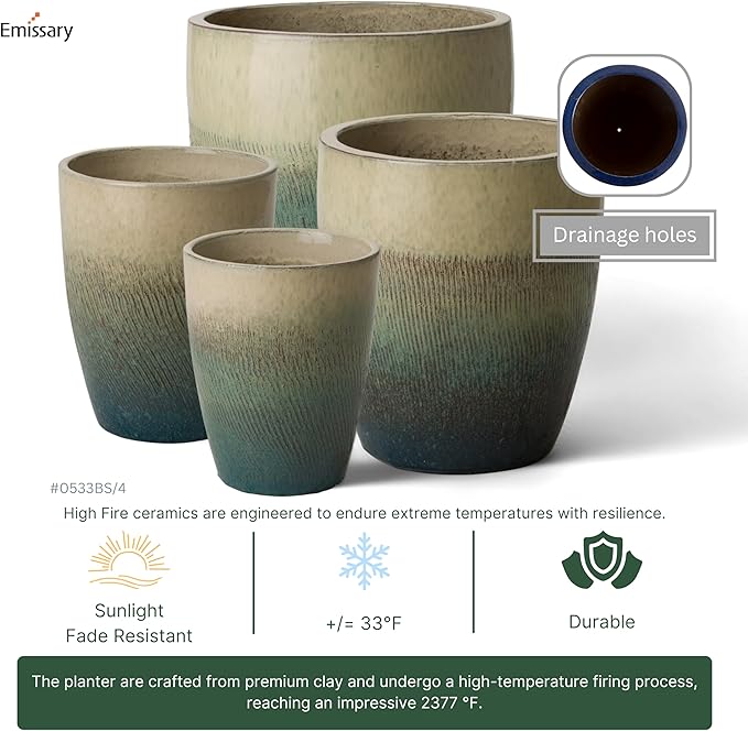 Emissary Bullet 14 in. Bayside Green Ceramic Round Planter (14 in. L x 14 in. W x 15.5 in. H) with Drainage Hole-Ruum Studio Home