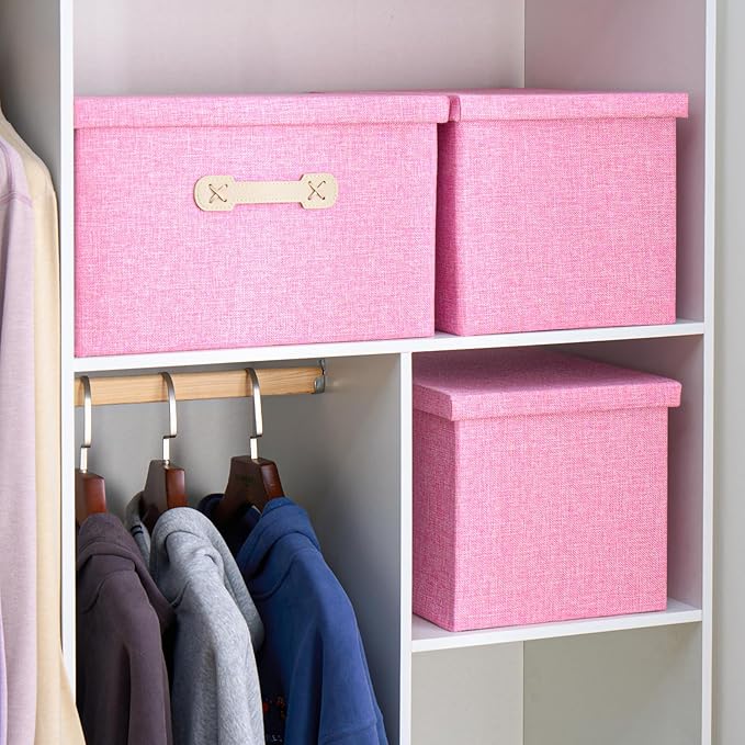 Enzk&Unity Decorative Storage Bins with Lids, Fabric Linen Foldable Storage Box with Handle Home Organizer for Shelf, Closet, Bedroom, Living Room, Office, 3 Packs, Pink-Ruum Studio Home