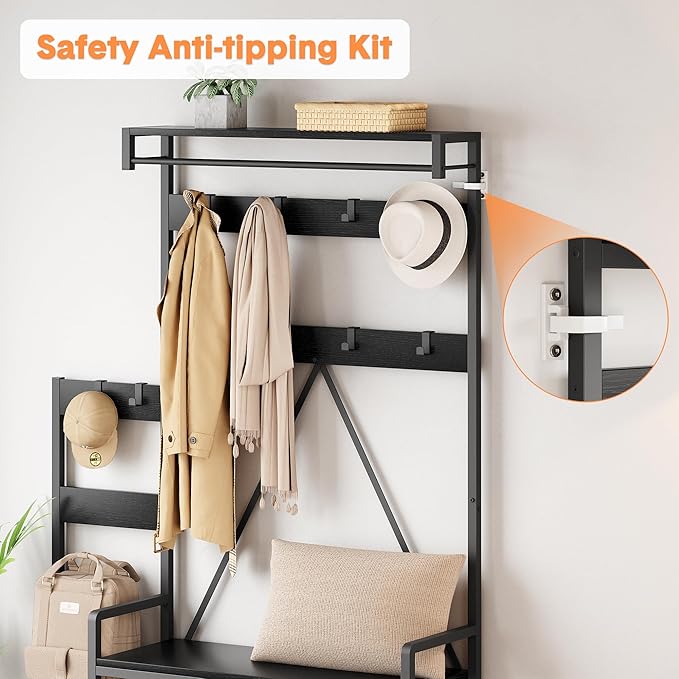 IDEALHOUSE Parent-Child Coat Rack Shoe Bench Hall Tree with Bench and Shoe Storage Industrial Coat Tree Entryway Large Organizer with Shoe Rack, Storage Cubbies, Hooks, and Top Shelf-Ruum Studio Home