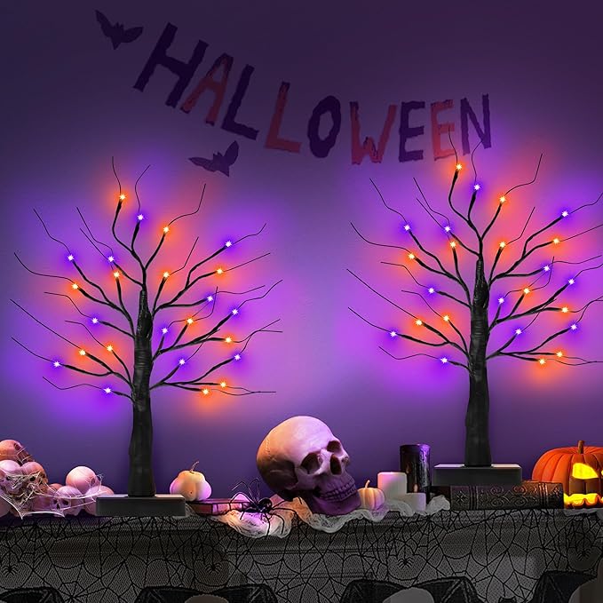 [Timer] 2 Pack 24 Inch Black Halloween Tree with Orange Purple Lights, USB/Battery Operated Light Up Halloween Table Decorations, Spooky Halloween Decorations Indoor Home Mantle Room Party Decor-Ruum Studio Home