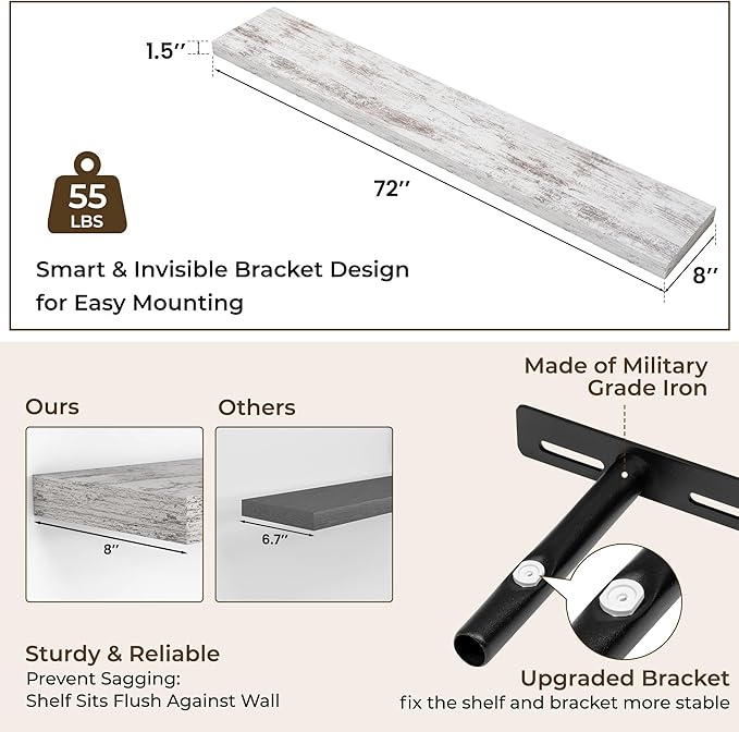RICHFOCUS 72Inch Floating Shelves for Wall 2 Pack Shelves for Bedroom|Kitchen|Bathroom Wall Mounted Rustic Distressed Wood Floating Shelf with Invisible Brackets for Books|Storage|Decor, Rustic-Ruum Studio Home