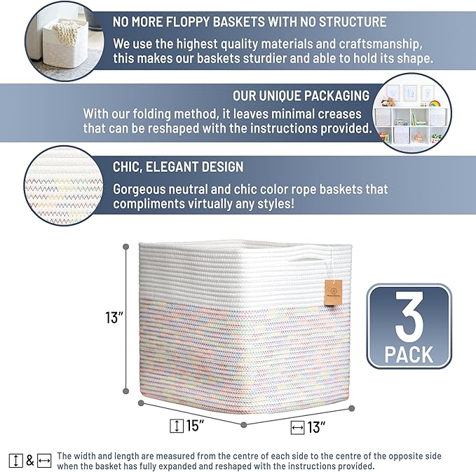 NaturalCozy 13x15x13 Kallax Storage Cubes Bins, 3 Pack | Cotton Rope Cube Storage Bin Woven Baskets for Organizing | Kallax Insert Storage Baskets for Shelves Organizer, Kids Toy, Closet Baby Nursery-Ruum Studio Home