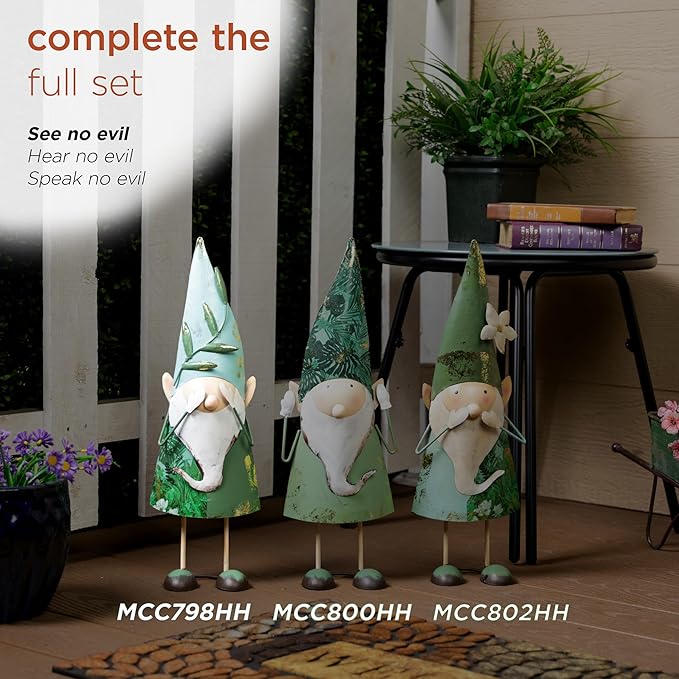 Alpine Corporation MCC798HH See No Evil Metal Gnome Decor, Whimsical Playful Décor for Patio & Garden, 19" H, Green-Ruum Studio Home