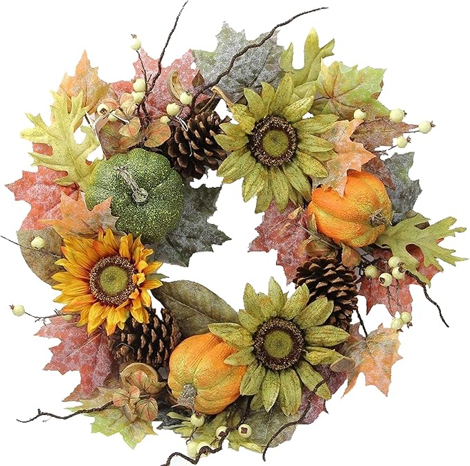 Admired By Nature 24 Inch Artificial Fall Pumpkin Sunflowers Wreath Wall Door Farmhouse Decor For Home Office Thanksgiving Harvest Wreaths For Front Door Cemetery Wreaths Indoor Outdoor, Green/Autumn-Ruum Studio Home