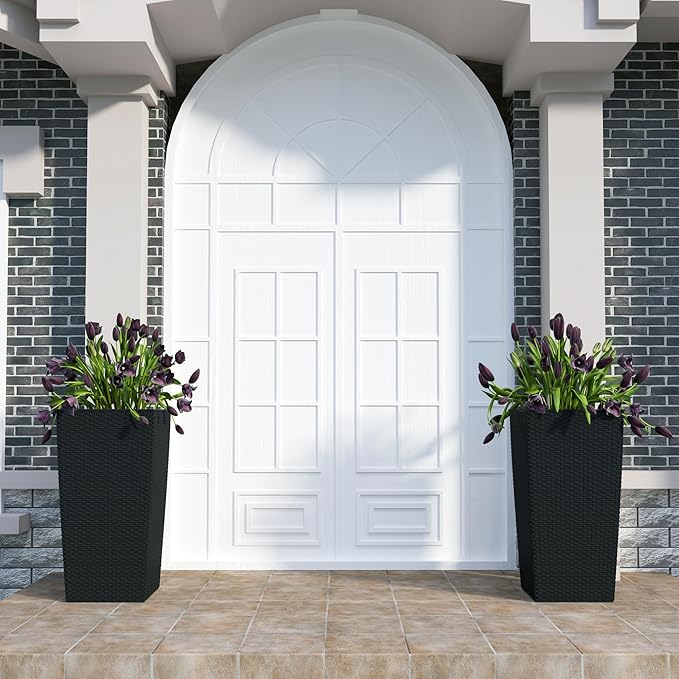 30in Tall Large Plant Pots Planter-Self-Watering Indoor/Outdoor Planting with Drain Holes, Water Level Monitor, Inner Bucket for Front Porch Patio, Black Large-Ruum Studio Home