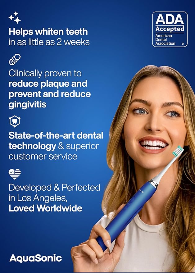 Aquasonic Vibe Series Ultra-Whitening Toothbrush – ADA Accepted Electric Toothbrush - 8 Brush Heads & Travel Case – 40,000 VPM Motor & Wireless Charging - 4 Modes w Smart Timer – Sapphire Blue-Ruum Studio Home
