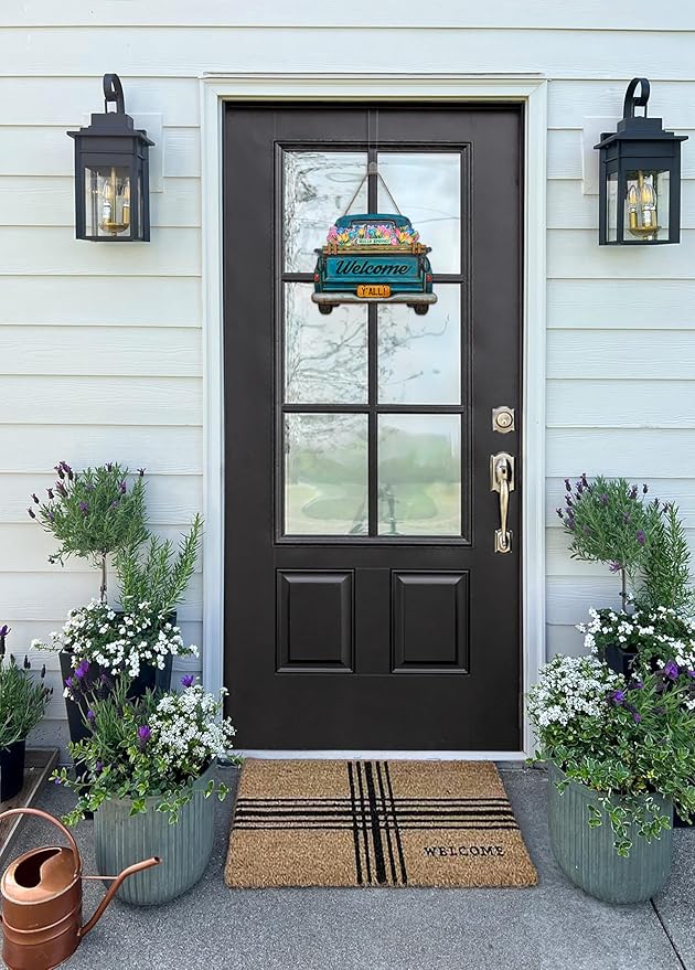 Interchangeable Welcome Sign for Front Door Blue Farmhouse Truck Decor Hanging Sign with 11 Interchangeable Seasonal and Holiday Decor Signs 12x14 in. (Blue Farmhouse Truck)-Ruum Studio Home
