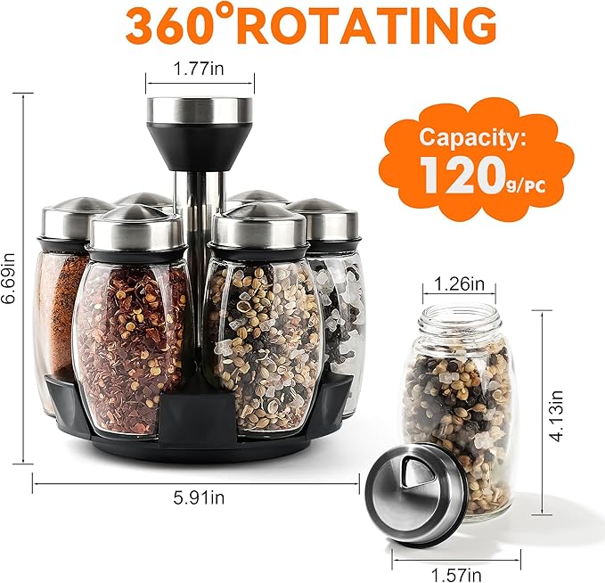 Mlici 6PC Spinning Glass Spice Jars - 360° Rotating Spice Rack Organizer with Jars, Stainless Steel Revolving Seasoning Holder Jars for Countertop Cabinet Kitchen Spices Cruets-Ruum Studio Home