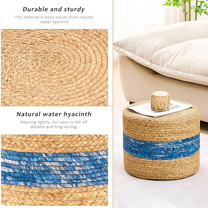 Handwoven Water Hyacinth Ottoman Pouf, Round Outdoor Footstool with Sturdy Frame, No Assembly Needed, Boho Accent Stool for Indoor & Outdoor Use – Patio, Balcony, Living Room (Blue)-Ruum Studio Home