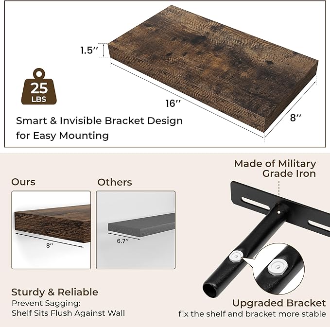 RICHFOCUS 16Inch Floating Shelves for Wall 2 Pack Shelves for Bedroom|Kitchen|Bathroom Wall Mounted Rustic Wood Floating Shelf with Invisible Brackets for Books|Storage|Decor, Rustic Brown-Ruum Studio Home
