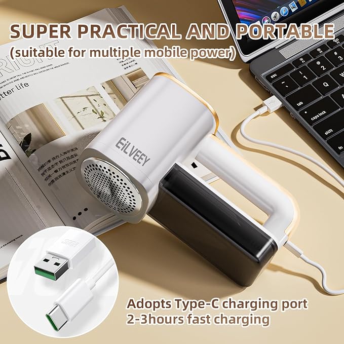 Rechargeable Lint Remover, Fabric Shaver Fuzz Remover, Sweater Shavers with 6-Leaf Blades, 3-Speeds Digital LED Display to Remove Pilling for Clothing and Furniture, Lint Ball, White-Ruum Studio Home