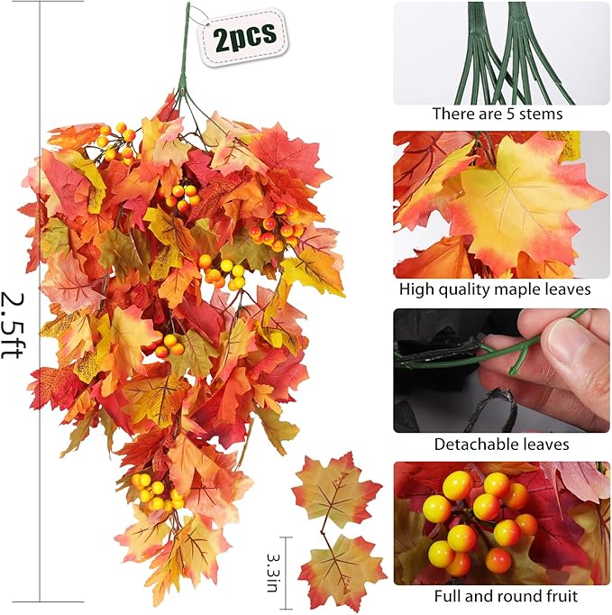 RECUTMS Fall Leaves Hanging Plant Artificial Fall Leaves Garland with Berry Fake Autumn Wall Hanging Leaf Vines for Home Halloween Party Door Frame Fireplace Decoration(Orange with Berry)-Ruum Studio Home