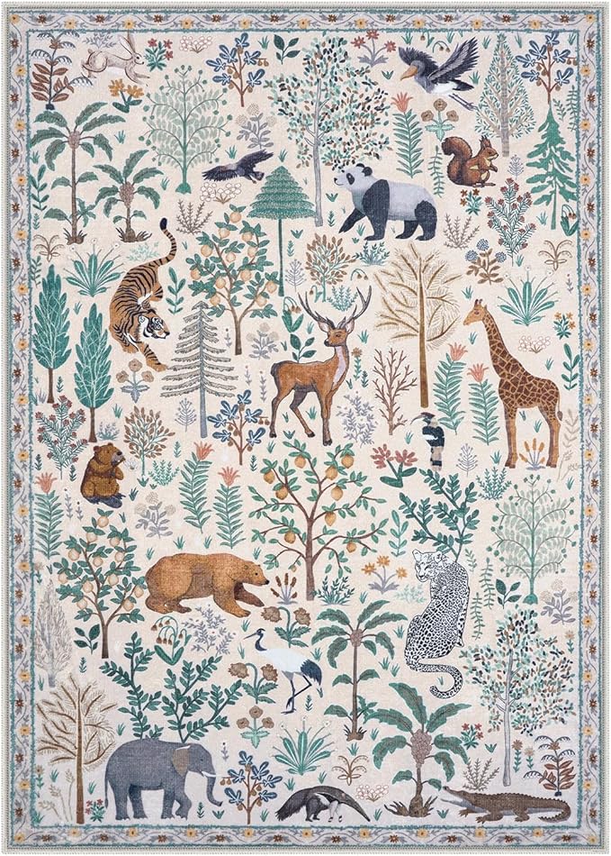 OJIA Jungle Print Washable Area Rugs 5x7, Soft Modern Rugs for Living Room Ultra-Thin Non-Shedding Bedroom Rug, Stain Resistant Neutral Area Rug Large Carpet for Dining Room Kids Nursery Playroom-Ruum Studio Home