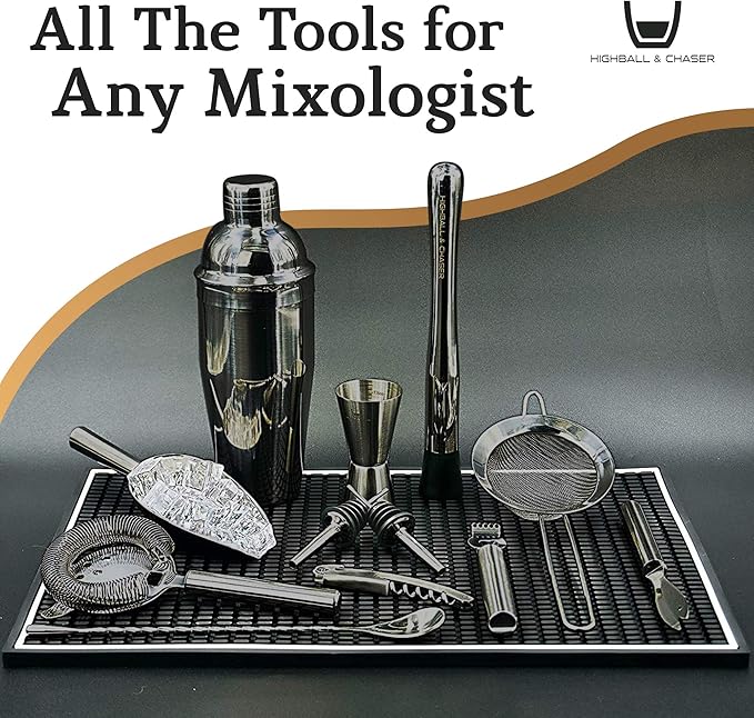 Highball & Chaser 13-Piece Cobbler Cocktail Shaker Set: Black Polished Stainless Steel Bartender Kit for Home Bar Set | Laser Engraved Tools Plus E-Book with 30 Recipes-Ruum Studio Home