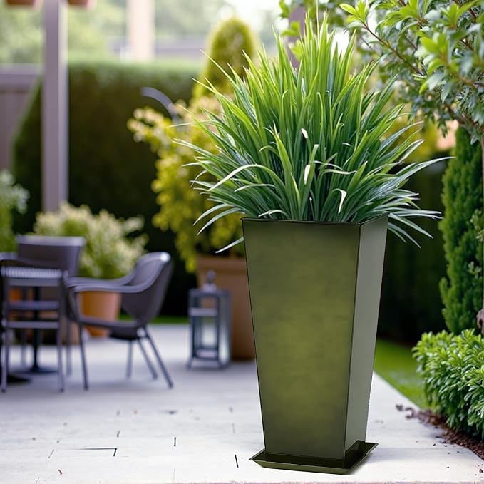 WORTH Garden 28" Large Metal Glazed Planter Set of 2, Luxurious Glossy Finish Green Tall Square Tapered Steel Plant Pots, Decor Flower Pot Indoor & Outdoor, Drainage Hole & Dual-Purpose Plant Saucer-Ruum Studio Home