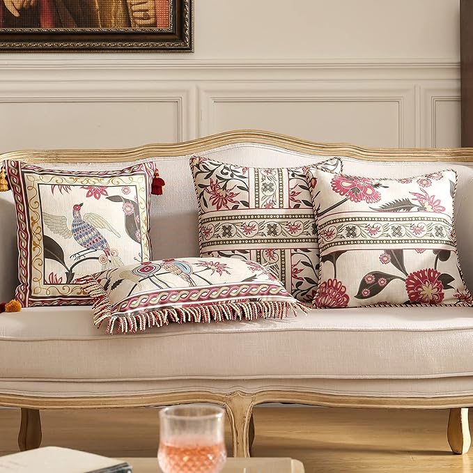 patdrea Designer Throw Pillow Covers Set of 4,Vintage Red Linen Pillowcases with Flower and Birds Pattern Pillows Cover for Couch,Farmhouse Decorative Cushion for Bed Living Room Outdoor Car-Ruum Studio Home