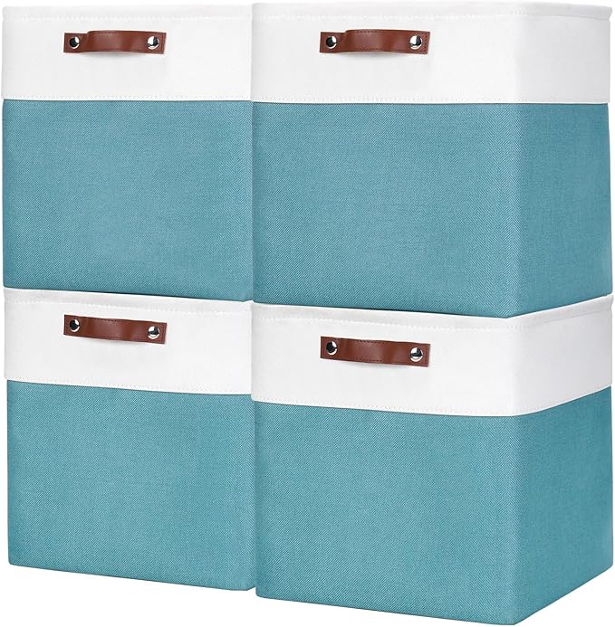 13x13 Cube Storage Bins, Collapsible Fabric Storage Box, 4 Pack Closet Baskets with Handles for Organizing, Shelf, Toys, Clothes, Home, Office, Nursery (Teal&White)-Ruum Studio Home