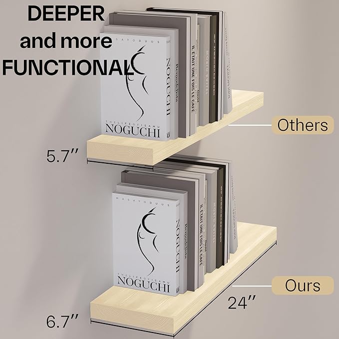 BGMG Wood Floating Shelves 24 inch, Wide Rustic Wooden Wall Shelves for Bathroom Living Room Bedroom Kitchen Farmhouse Set of 2-24x 6.7 x1.25 inch- DIY-Unfinished-Ruum Studio Home