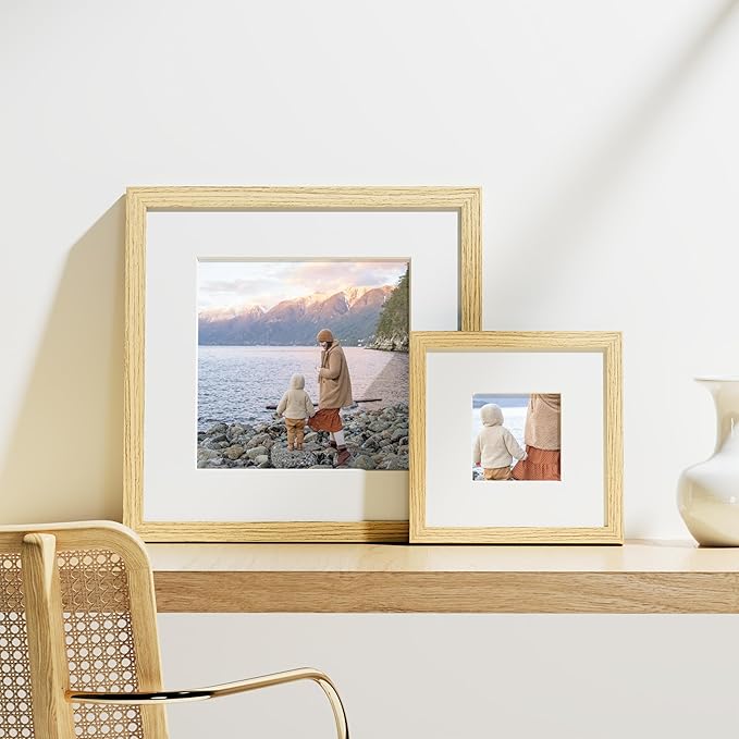 Vittanly 8x8 Picture Frames Set of 9, Shatter Resistant Plexiglass, Display 4x4 Pictures with Mat or 8x8 without Mat, Photo Frames for Wall Mount, Engineered Wood, OAK-Ruum Studio Home