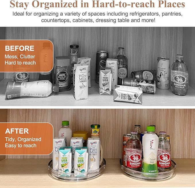Clear Lazy Susan Organizer Turntable for Cabinet Table Top, 9.25 Inch 2 Pack 360 Rotating Spinning Makeup Organizer for Vanity, Kitchen Storage Rack Heavy-Duty Pantry Spices Tray Countertop Organizer-Ruum Studio Home